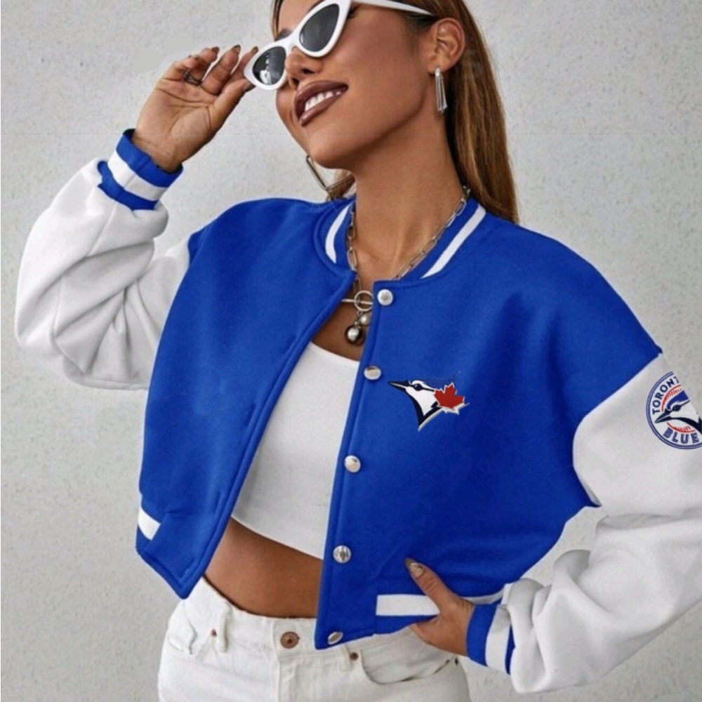NEW cropped Toronto Blue Jays logo patch varsity jacket bomber jacket